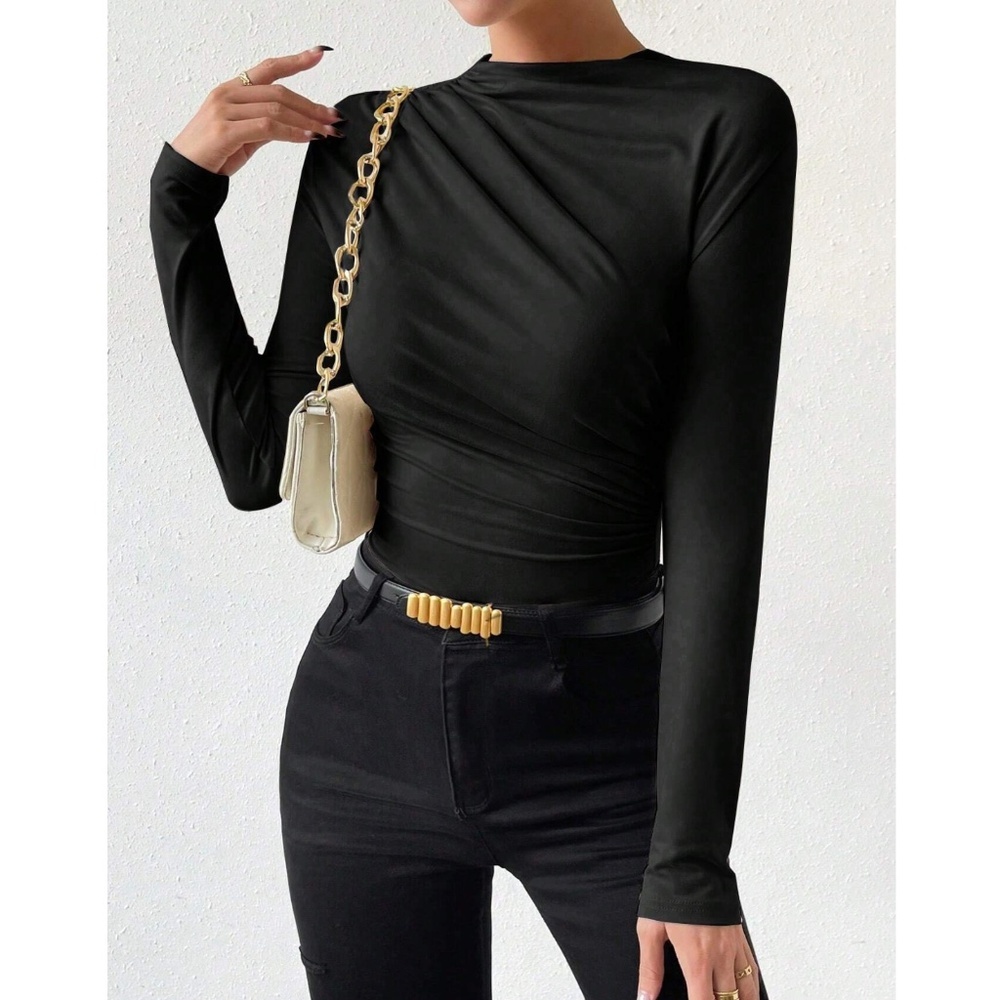 Ruched Asymmetric Black Long Sleeve Bodysuit